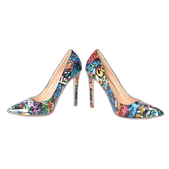 Love Culture Graffiti Heel Patent Leather Stiletto Heel Size 4.5" Size 9 - Picture 2 of 5